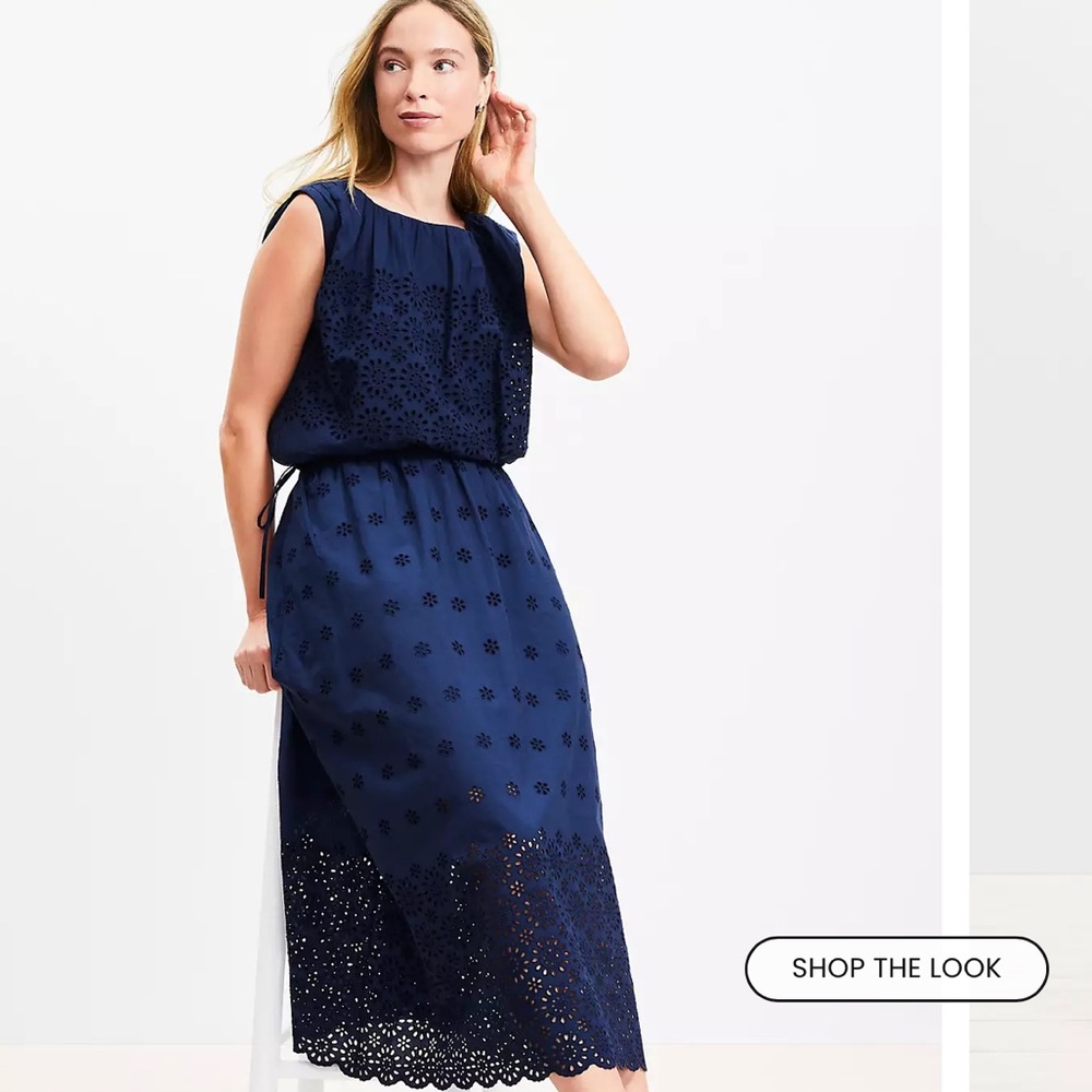 LOFT Navy Eyelet Sleeveless Blouson Midi Dress